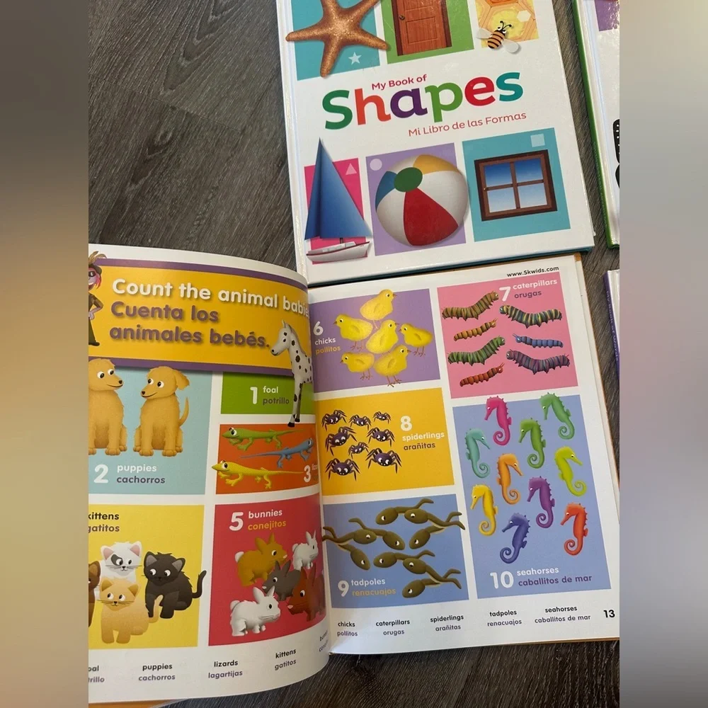 Children bilingual Spanish English learning books shapes, colors, words, numbers